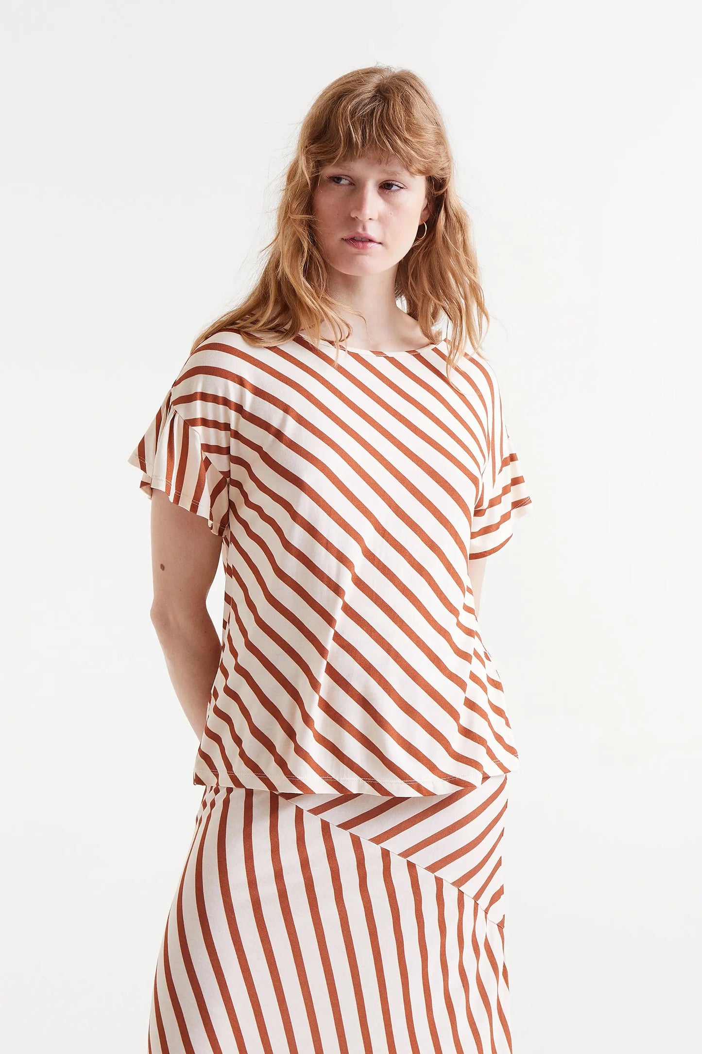T-shirt manica corta volant stampa righe Bongo