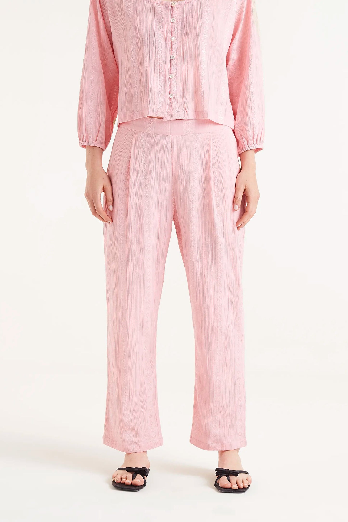Pantaloni lunghi cotone dobby rosa