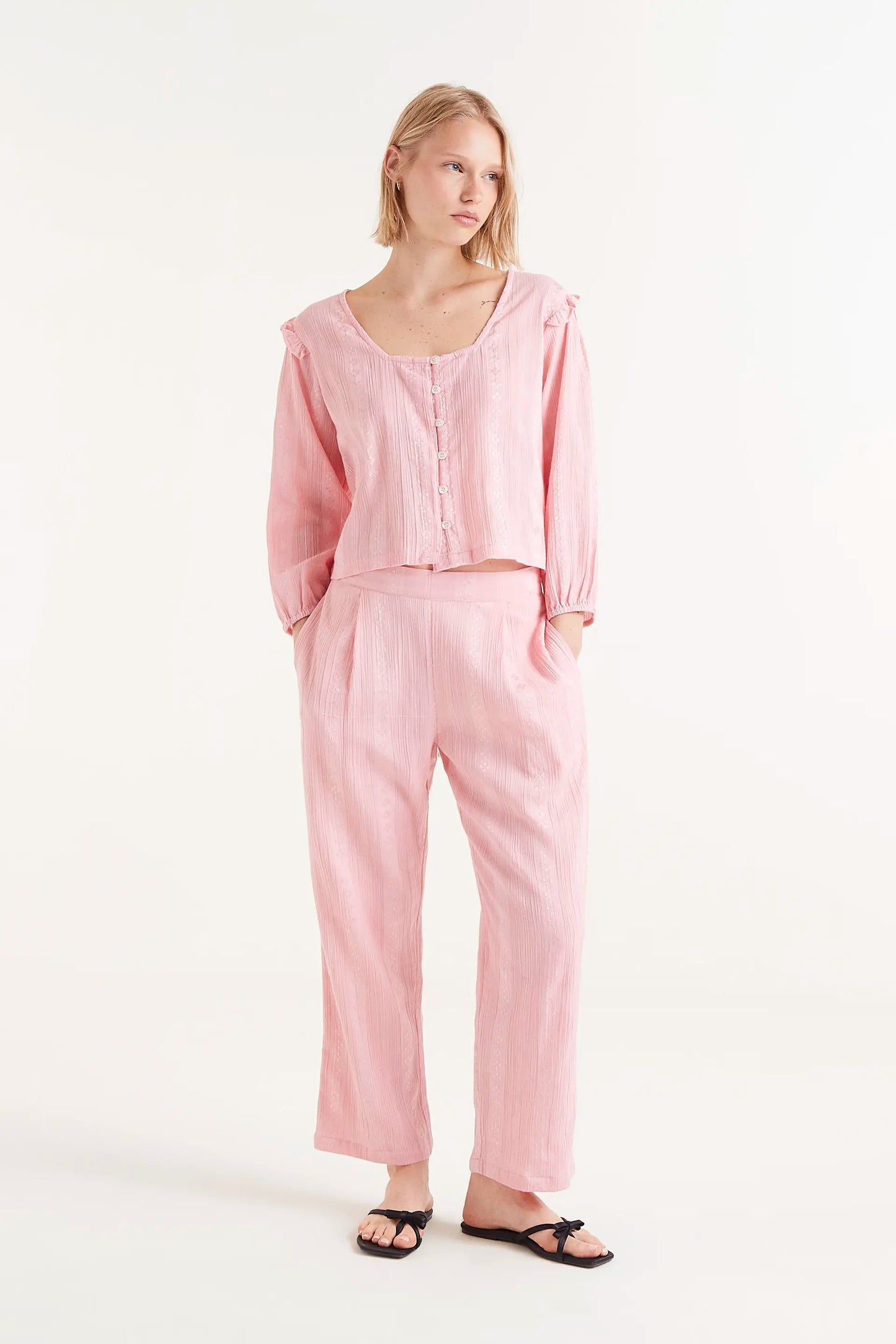 Pantaloni lunghi cotone dobby rosa