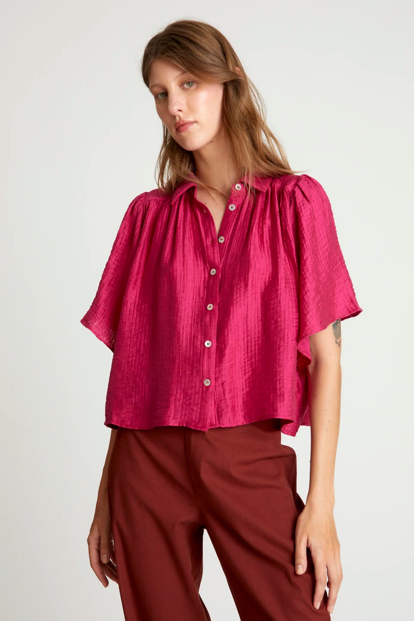 Camicia fluida manica corta rosa