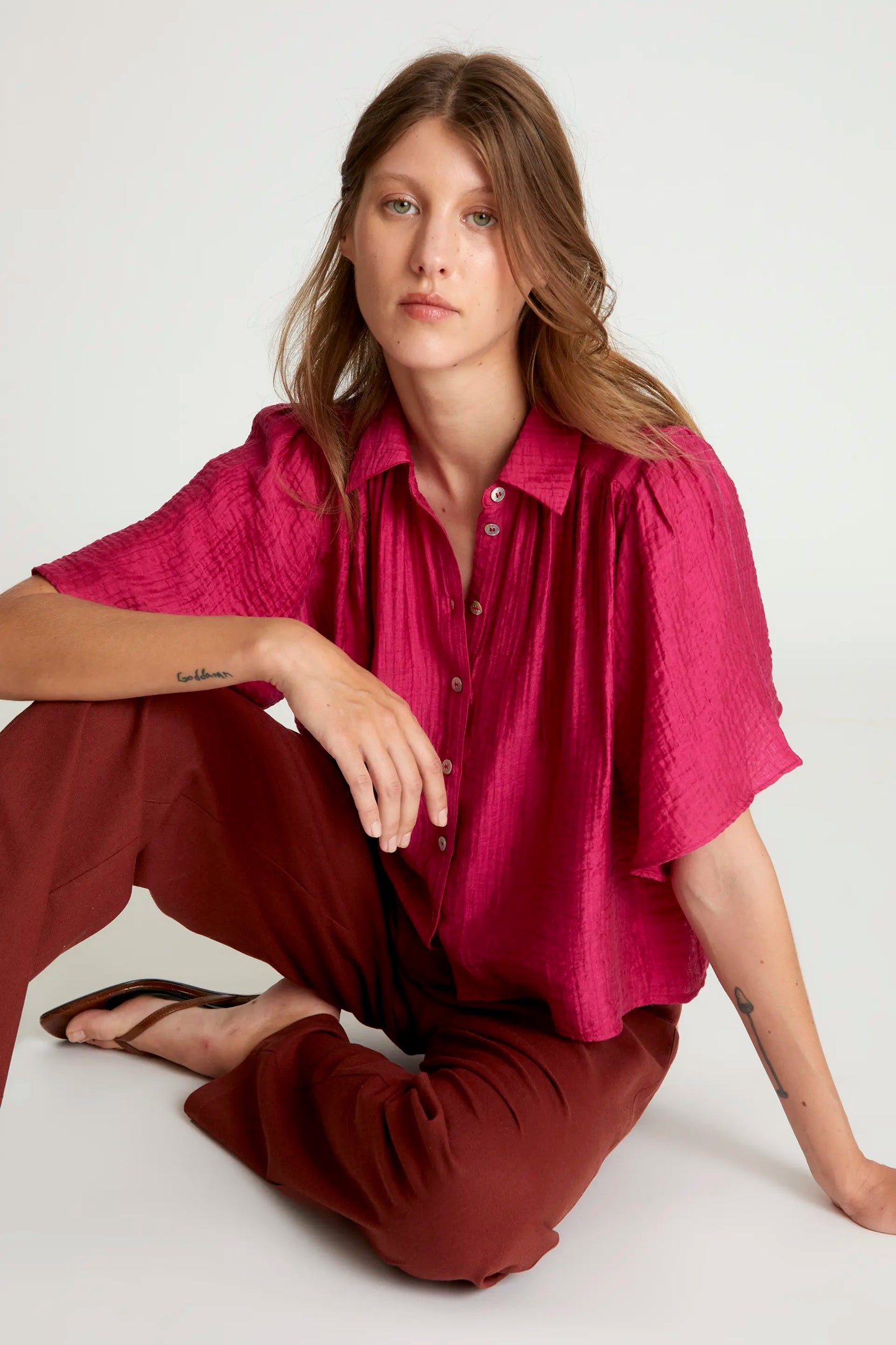 Camicia fluida manica corta rosa