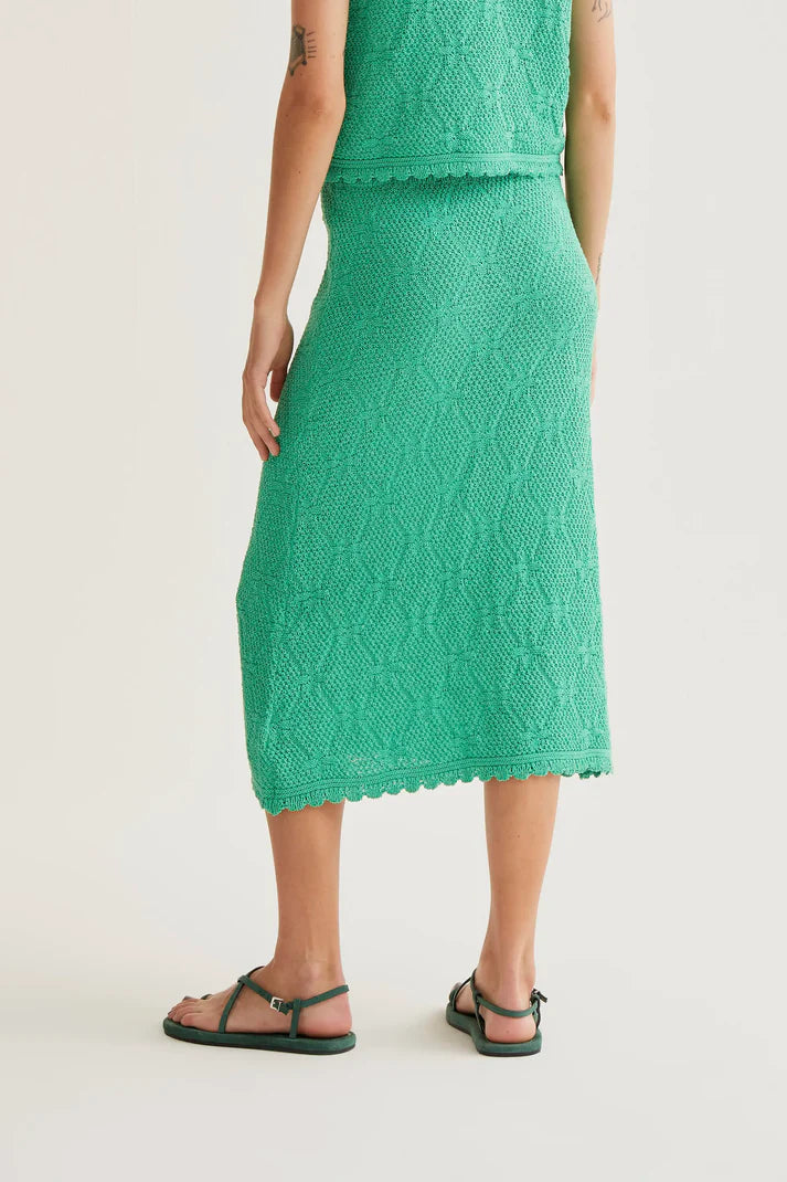 Gonna midi con ricamo a catena verde