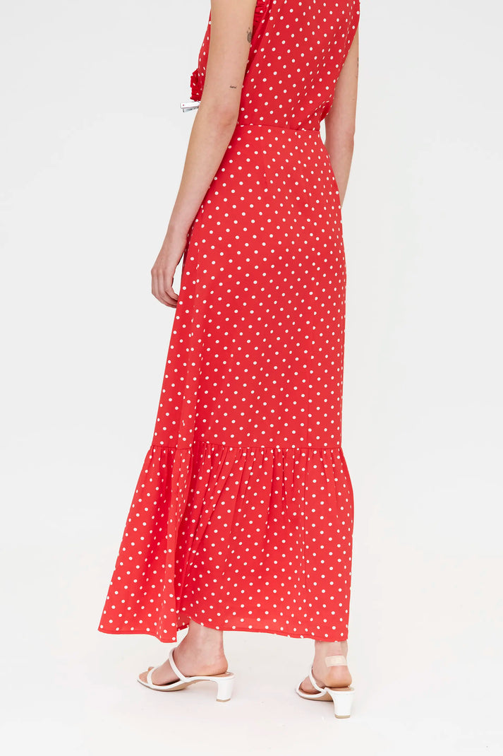 Gonna lunga con stampa mini dots rossa
