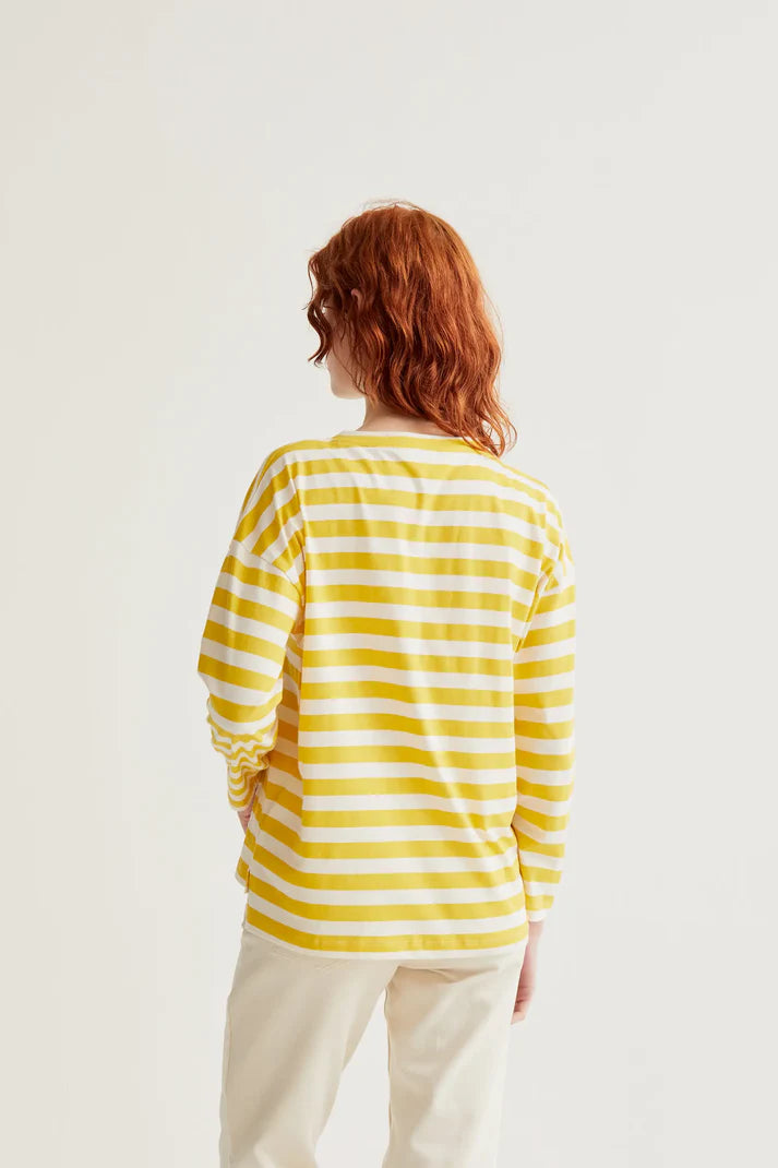 T-shirt con stampa a righe gialle con ricamo a tulipano