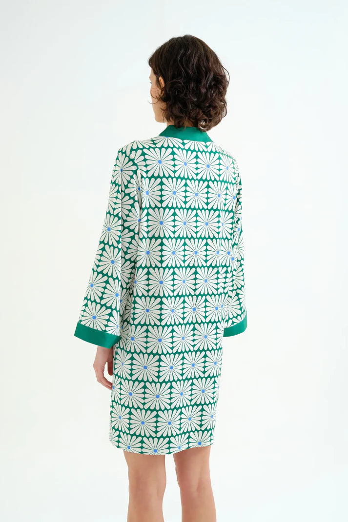 Caftano corto con stampa Olive Flower Green
