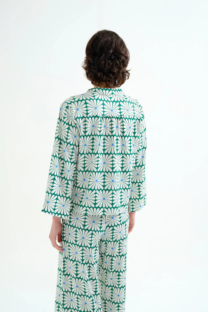 Top da spiaggia con stampa Olive Flower Green manica lunga