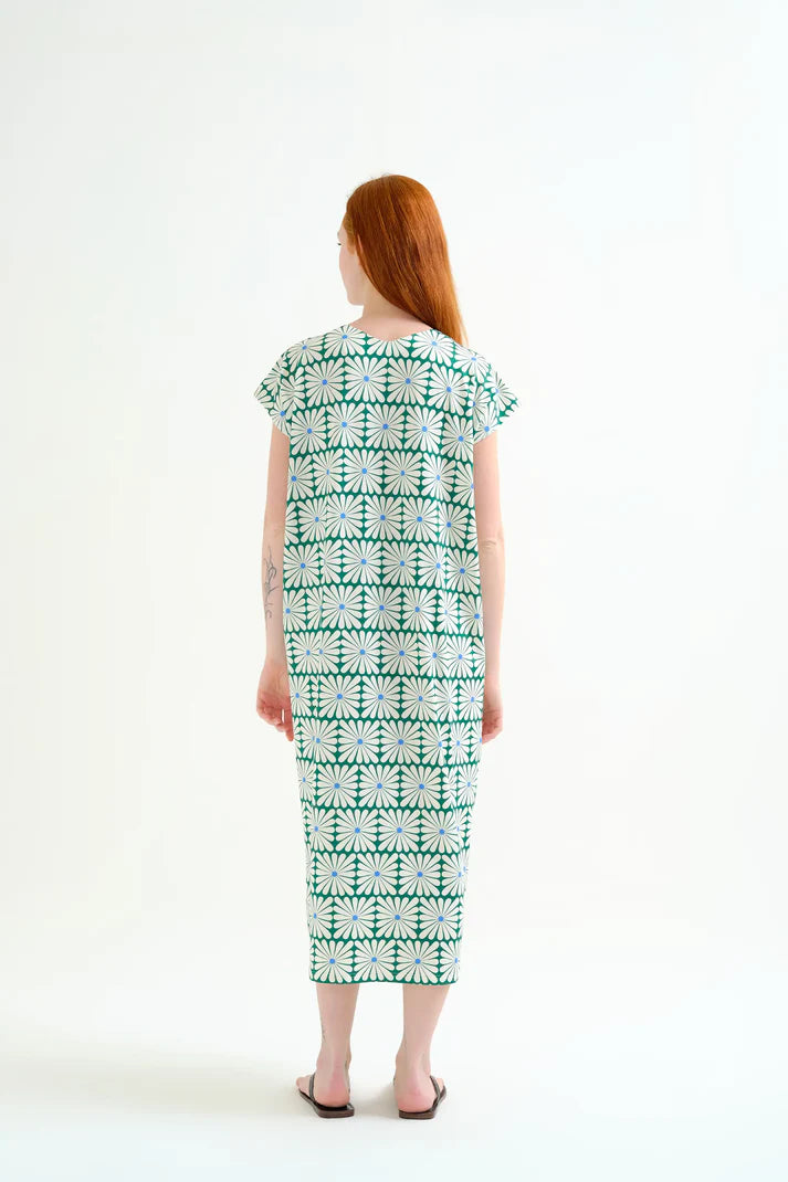 Caftan lungo con stampa Olive Flower Green