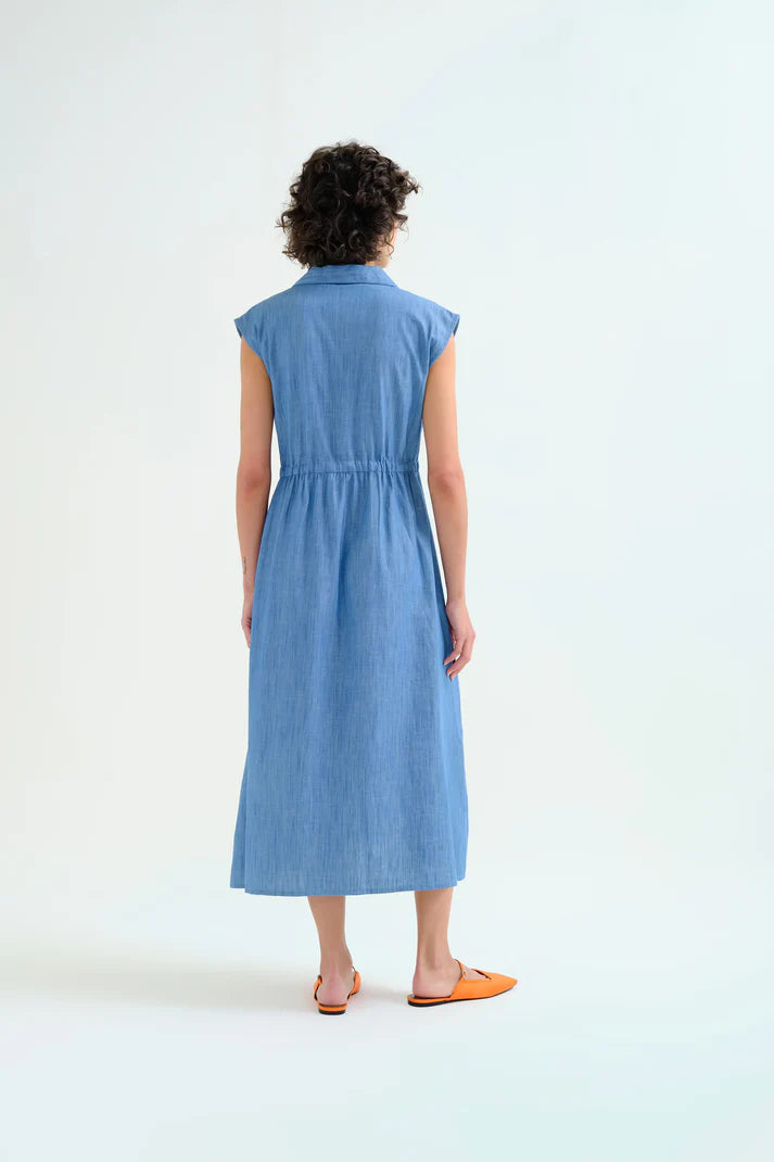 Abito midi 100% cotone chambray azzurro