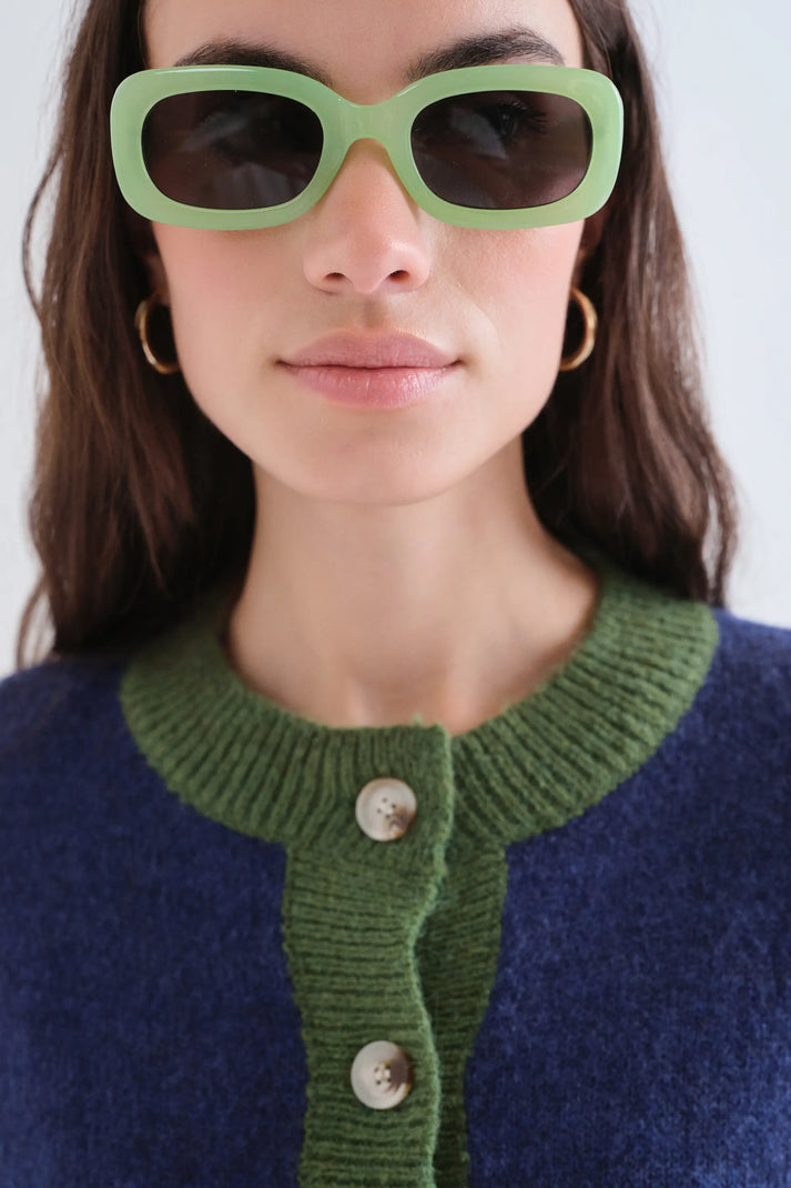 Cardigan maglia bicolore blu e verde