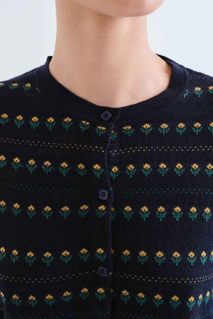 Cardigan blu navy con fiori ricamati
