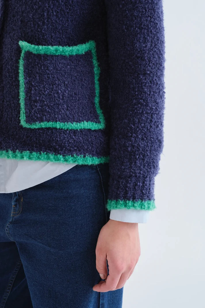 Cardigan blu navy con dettagli verdi