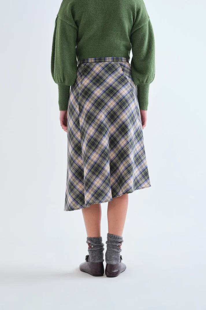 Gonna midi 100% cotone con stampa a quadri verde
