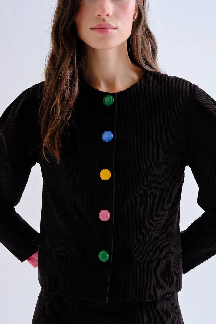 Giacca in velluto nero con bottoni multicolore
