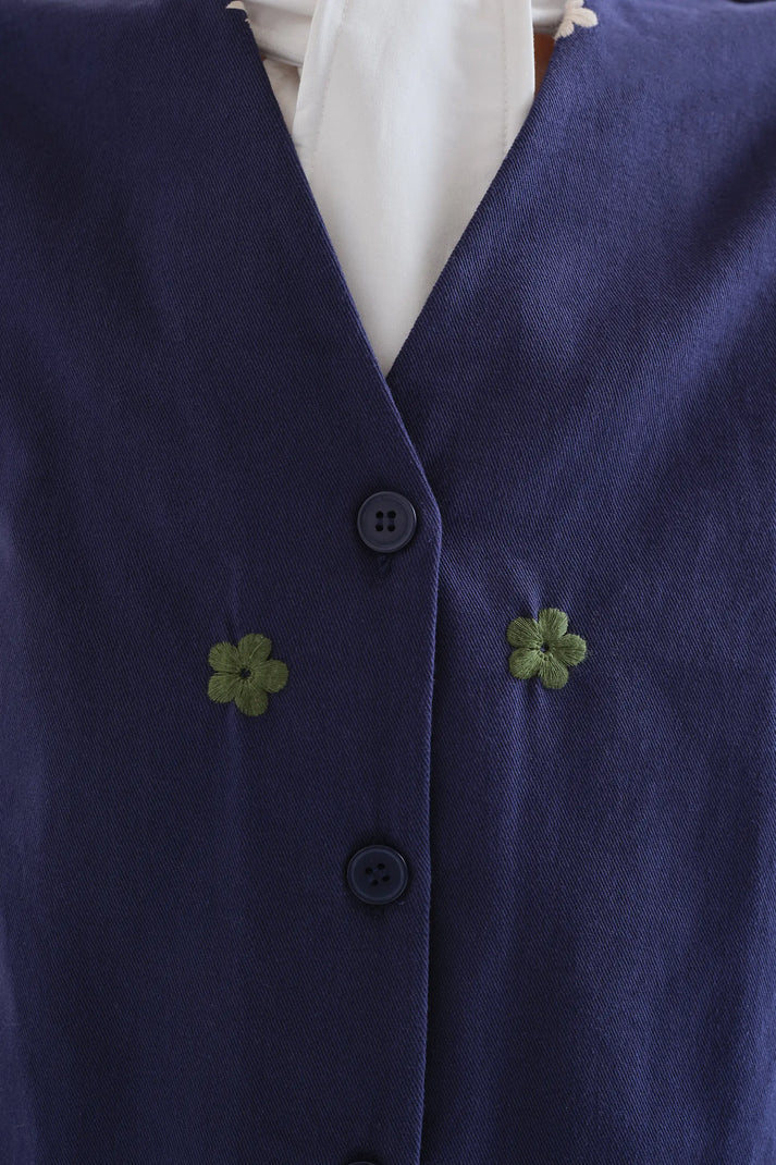 Gilet 100% cotone blu navy con ricamo floreale