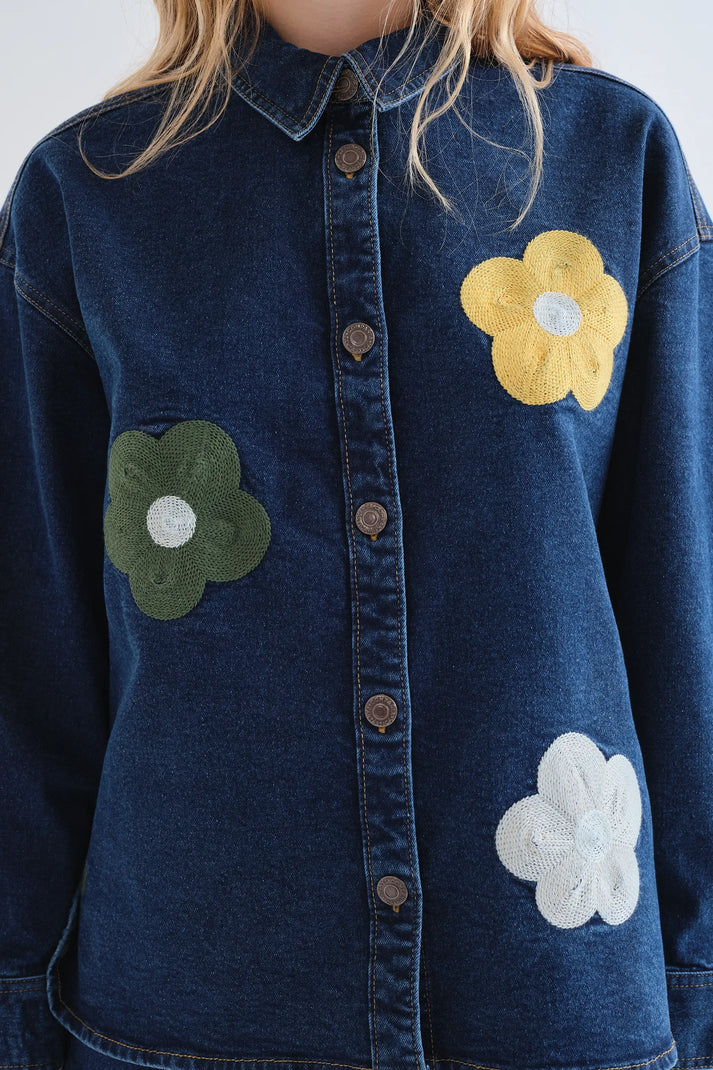 Camicia in denim blu con stampa Euphonia