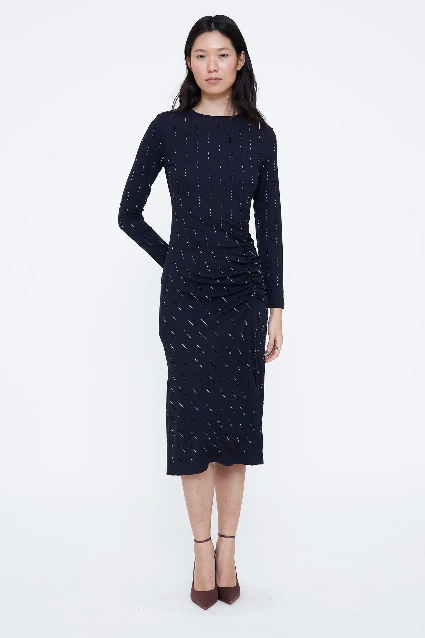 Abito midi blu navy con applicazioni bianche
