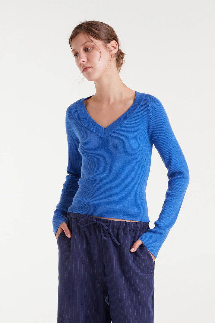 Top maglia a coste blu