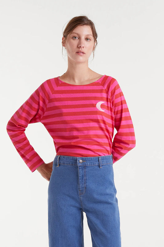 T-shirt 100% cotone con stampa a righe rosa e ricamo luna