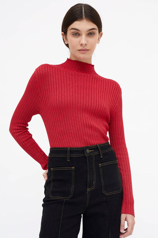 Top in maglia a coste collo perkins rosso