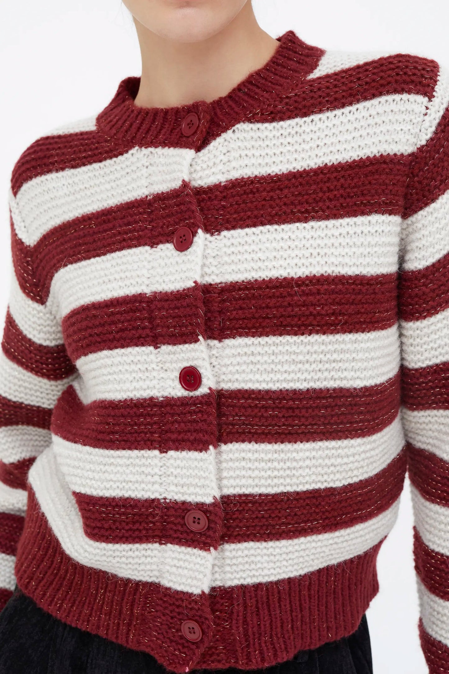 Cardigan combinato a righe bianche e rosse