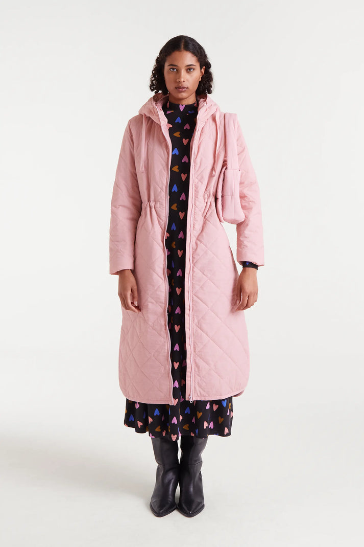 Cappotto imbottito lungo con cappuccio rosa