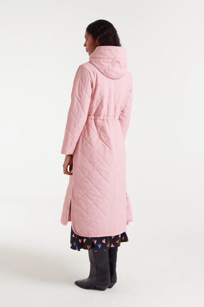 Cappotto imbottito lungo con cappuccio rosa