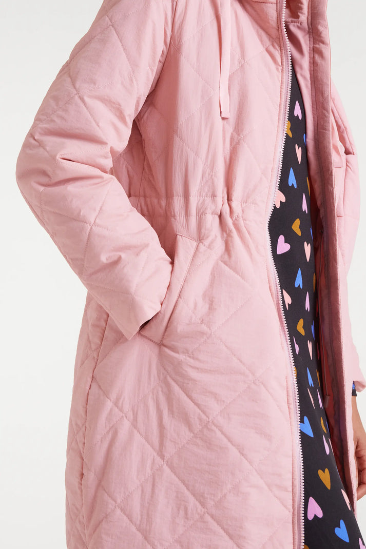 Cappotto imbottito lungo con cappuccio rosa