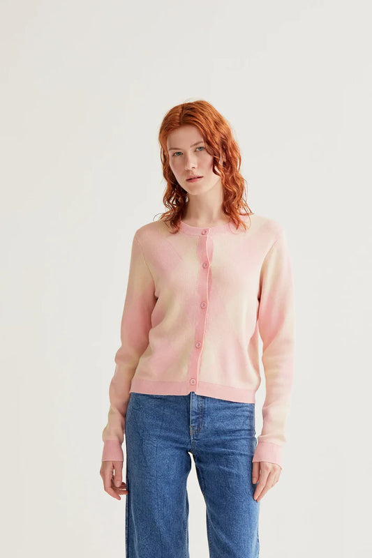 Cardigan lavorato a maglia con stampa a rombi rosa
