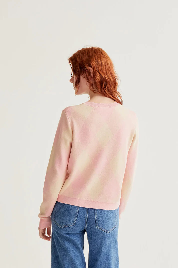 Cardigan lavorato a maglia con stampa a rombi rosa