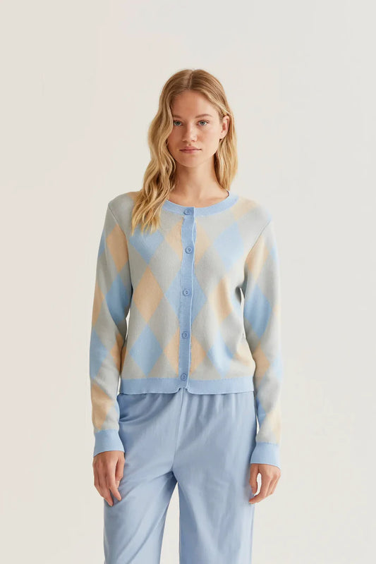Cardigan lavorato a maglia con stampa a rombi blu