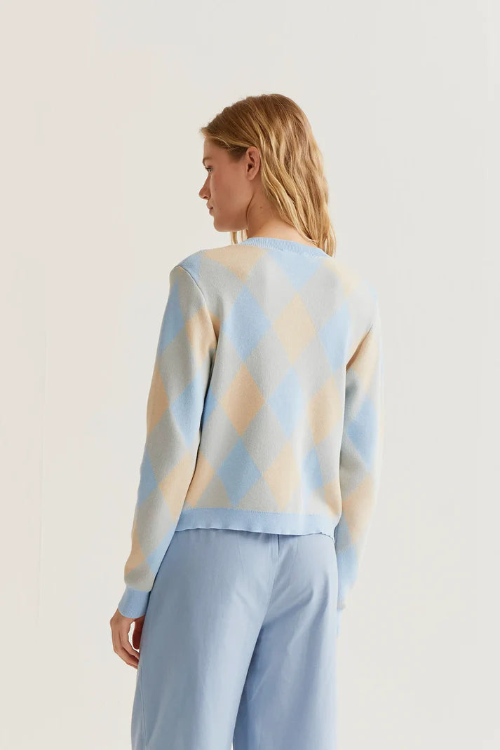 Cardigan lavorato a maglia con stampa a rombi blu