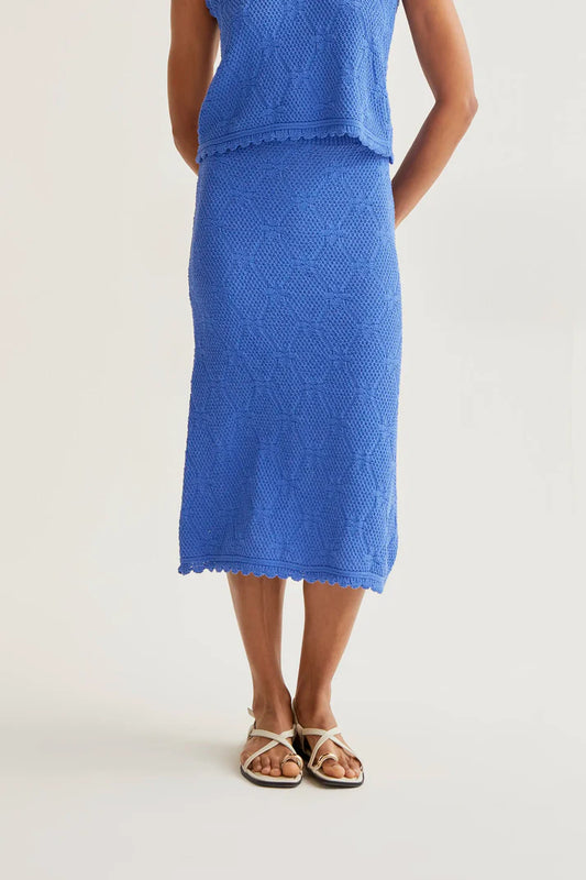 Gonna midi con ricamo a catena blu