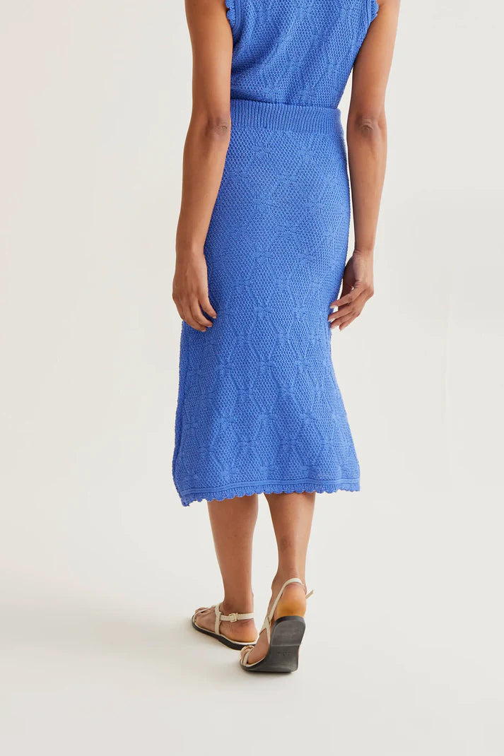 Gonna midi con ricamo a catena blu