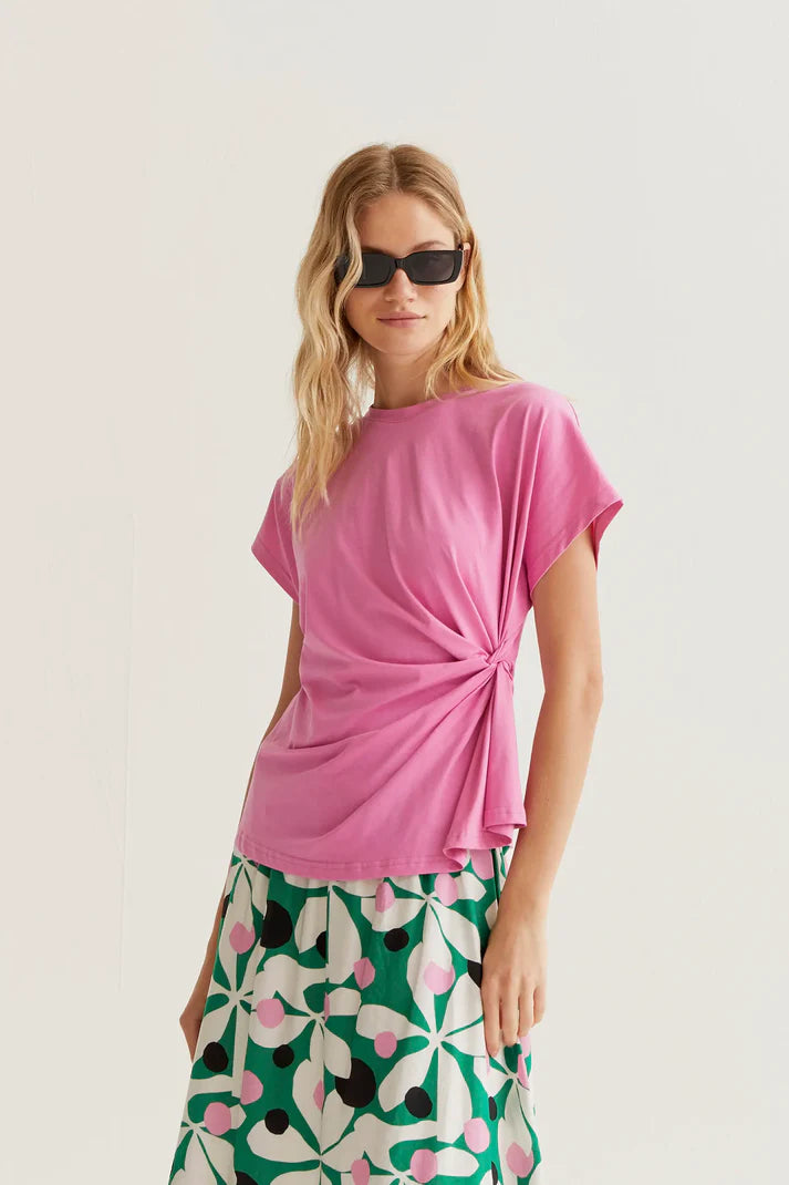 T-shirt 100% cotone rosa con nodo laterale