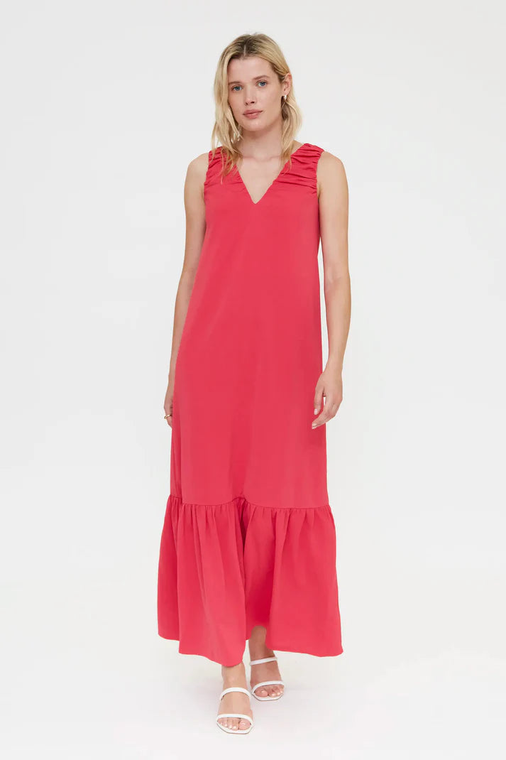Abito lungo fucsia con scollo a V