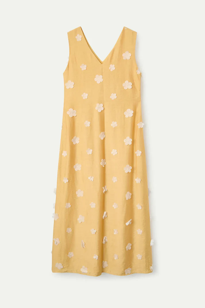 Abito lungo giallo chiaro con ricamo floreale