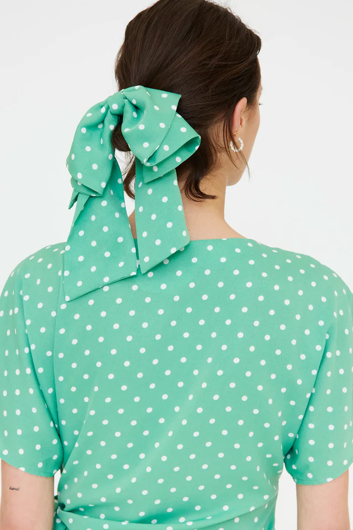 Collare fiocco verde con stampa a punti mini bianco