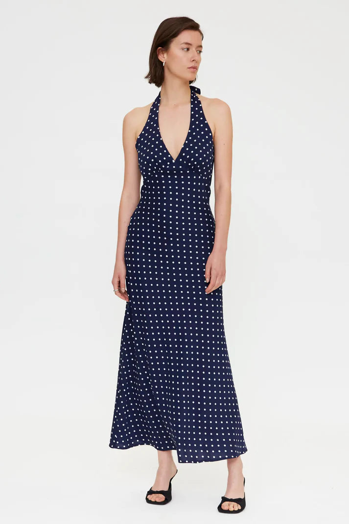 Abito midi con stampa mini dots blu navy
