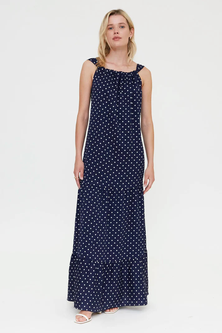 Abito midi con stampa mini dots blu navy