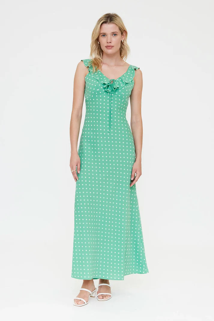 Abito lungo con stampa mini dots verde