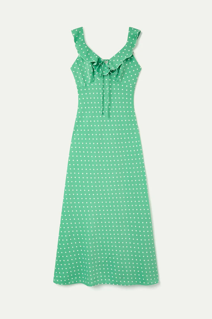 Abito lungo con stampa mini dots verde