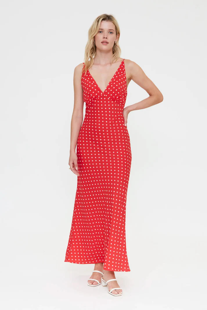 Abito lungo con stampa mini dots rosso
