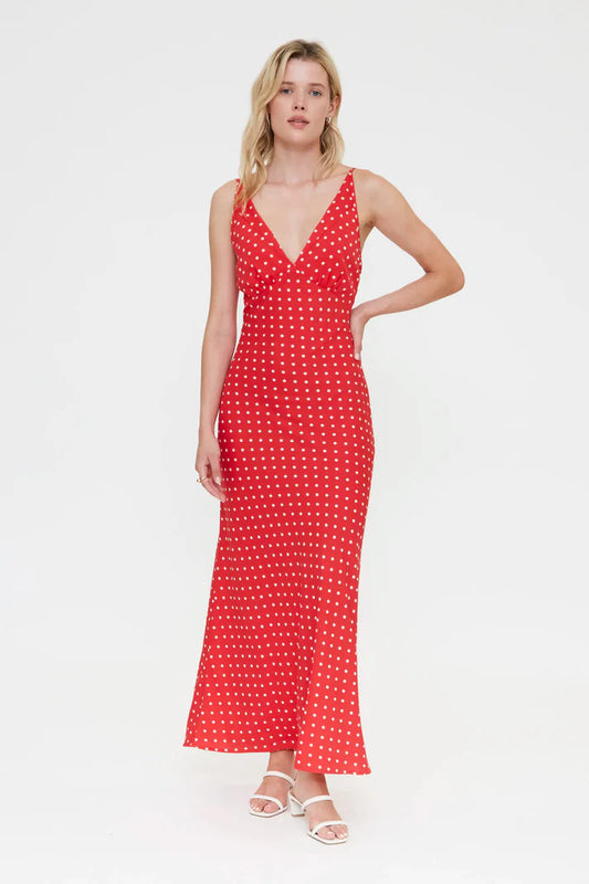 Abito lungo con stampa mini dots rosso