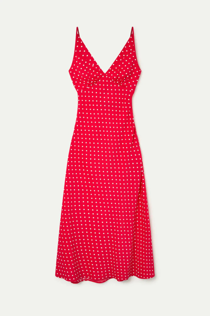 Abito lungo con stampa mini dots rosso