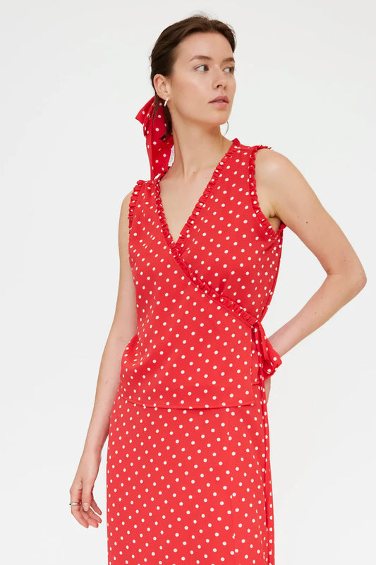 Top con stampa mini dots rosso