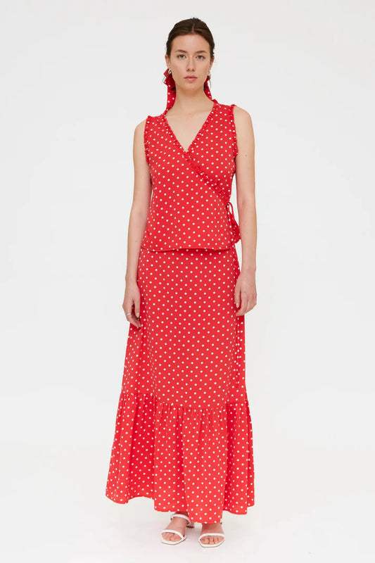 Gonna lunga con stampa mini dots rossa