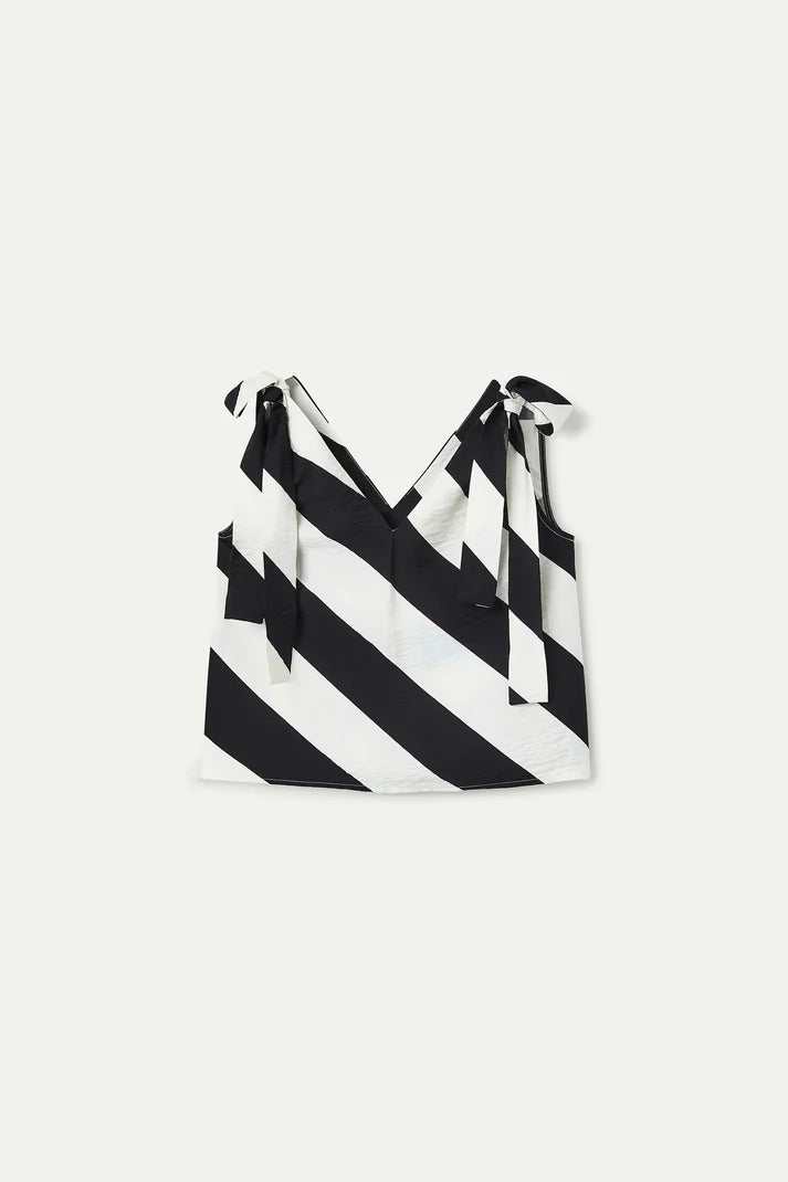 Top con stampa a righe diagonali bianco e nero