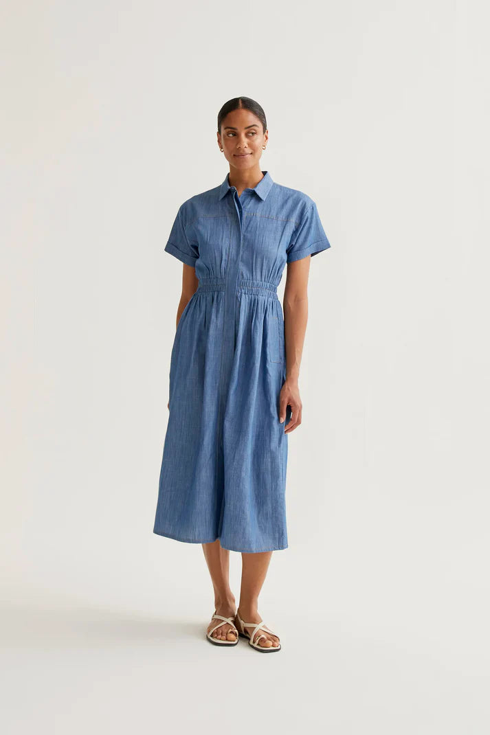 Abito midi 100% cotone chambray azzurro manica corta