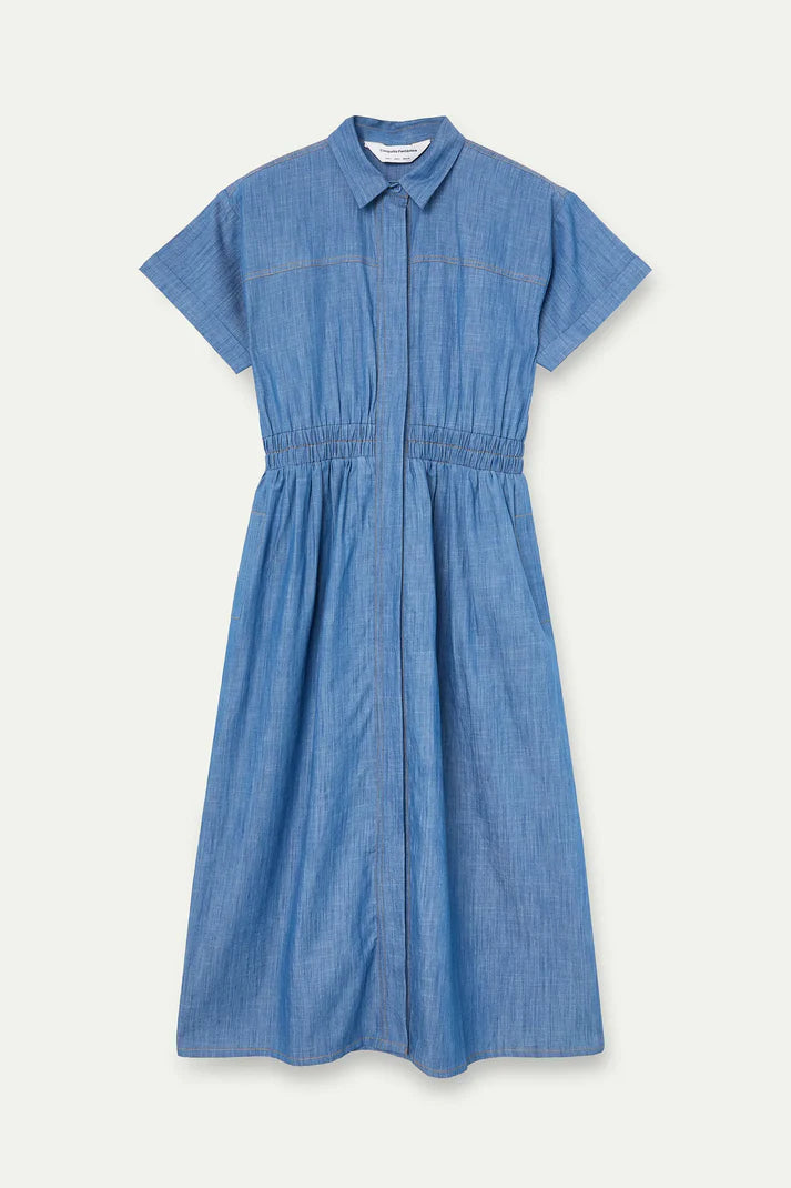 Abito midi 100% cotone chambray azzurro manica corta