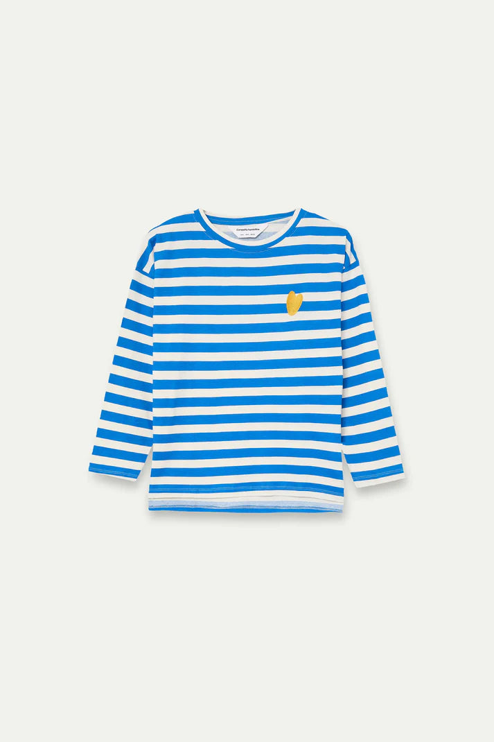 T-shirt con stampa a righe blu con ricamo a cuore